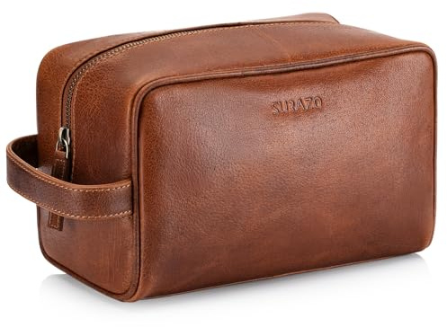 SURAZO Necessär herr läder stor – äkta läder necessär dam med fack – rymlig sminkväska resa toalettväska tvättväska för toalettartiklar och resor (ljusbrun), Ljusbrun, Vintage