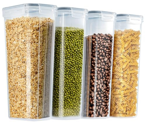 Cereal Storage Container Sets Airtight Dry Food Dispenser Containers Stackable Kitchen Storage Boxes Plastic Pantry Organization with Lock Lids Leakproof for Flour Sugar Pasta (Clear, 4 x 2.8L)