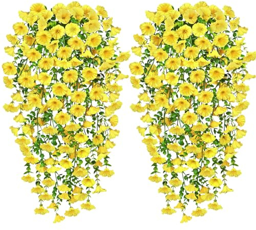 YSUVIN Planta Artificial Colgante, 4 Piezas Petunia Planta Colgante Artificial, Plantas Artificiales Exterior Realistas Flores Artificiales Colgantes para Jardín Hogar Decorativas, Amarillo