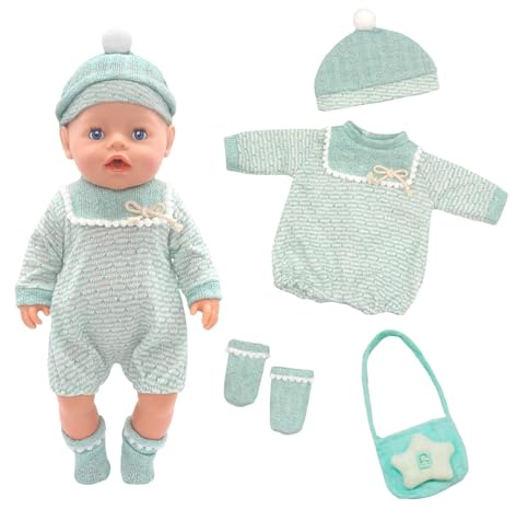 Puppenkleider Outfits für 14-18 Zoll Baby Puppen Puppenkleidung Grüner Jumpsuit mit Socken, Hut und Tasche Puppenkleidungsset, Puppenzubehör Passend für 30–45 cm Geschenke für Kinder (Keine Puppe)