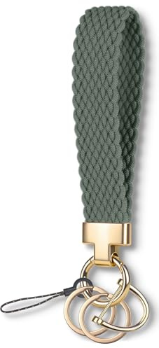 Enrfnox Keychain Wristlet, Stretchy Key Chain for Women Men, Cute Wrist Lanyards for Car Keys, Wristlet Strap with 2 Keyrings and D Ring (Pine Green)