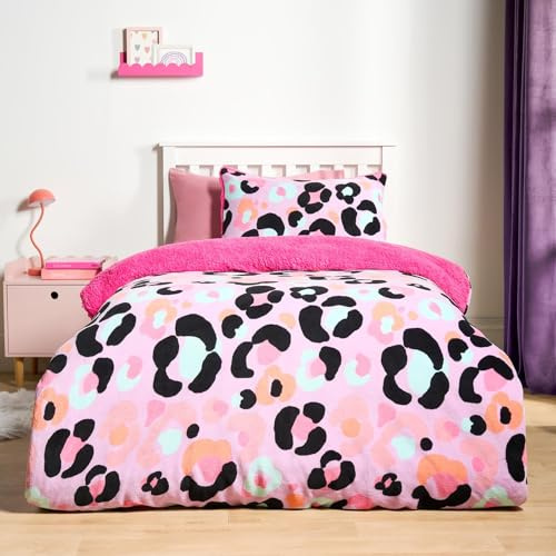 OHS Single Fleece Duvet Cover, Winter Autumn Leopard Print Bedding Set for Kids Super Soft Warm Cosy Sherpa Reversible Girls Single Duvet Cover Set with Pillowcase, Lilac