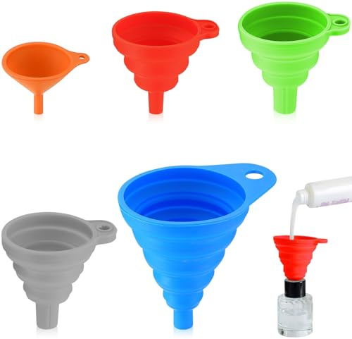 Teouuas 5 Piezas Embudo Cocina, Embudo Grande, Embudos Plegables de Silicona, Embudos Portátiles, Embudoes Plegables de Silicona, para Cocina, líquido, Aceite, Polvo (5 Colores)