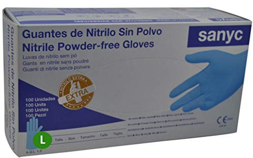 Sanyc Guante de nitrilo, azul, tamaño grande, 100 unidades