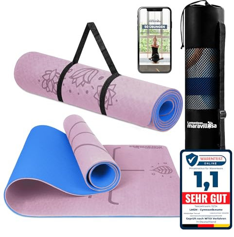 LA MENTE ES MARAVILLOSA - Gymnastikmatte, Rutschfest Yogamatte inkl. Tragegurt + Tasche + Übungs-E-Book, Gepolstert, Hautfreundliches TPE für Fitness/Pilates/Workout 183x61 cm (Blumen, Rosa/Blau)