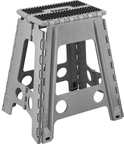Folding Step Stool-17 Inches Height, Premium Quality Plastic Foldable Stool, Anti-Slip Rubber Grip, Super Strong Stepping Stool with Carrying Handle, Step up tool for Adults (Grey with Black top)
