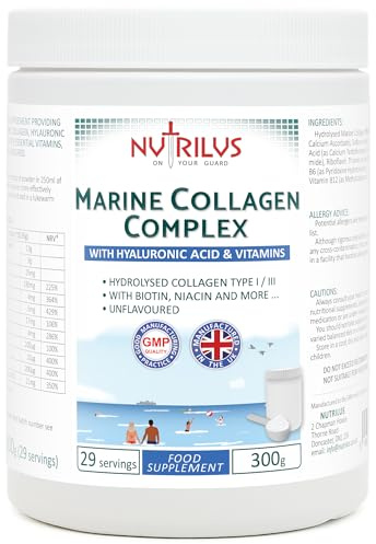 Nutrilus Hydrolysed Marine Collagen Powder 300g with Hyaluronic Acid and Vitamins - 29 Servings - with Biotin, Folic Acid, B12 & More - High Protein - for Skin, Hair, Nails, Joints - Unflavoured