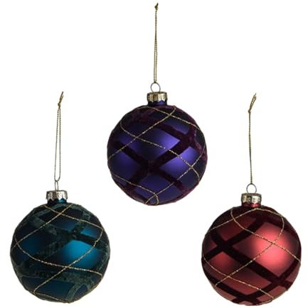 Set of 3 Traditional Checked Tartan Glass Christmas Tree Decorations - Burgundy, Teal and Purple - 8 cm