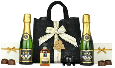 Christmas Non Alcoholic Sparkling Wine Mini Treat Bag Hamper: 2 x Alcohol Free 200ml, Passion Fruit Syrup 50ml, Truffles Jute Gift Set (Non Alcoholic 2)