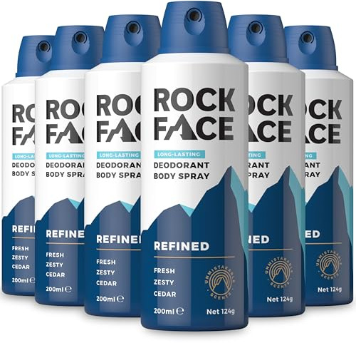 Rock Face Men's Deodorant Body Spray Bundle, Refined Scent, 6 x 200ml