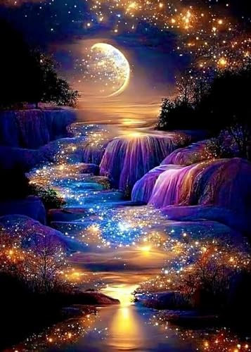HecticCore 5D Diamond Painting Set für Erwachsene, Mond Wasserfall Vollbohrer Diamant Malerei DIY Diamond Painting Bastelset für Wohnzimmer und Schlafzimmer Wanddeko (30x40cm)
