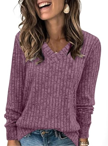 Aokosor Ladies V Neck Jumpers UK- Long Sleeve Tops for Women Ladies Basic Lightweight Tunic Purple Size 14-16