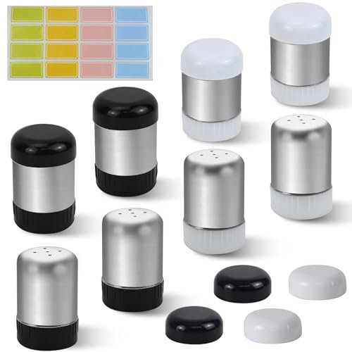 Lot de 8 Salieres et Poivrieres avec Couvercle Noir Blanc, Saliere 5 Trous en Acier Inoxydable, Mini Portable Salières et Poivrières, Salière et Poivrière pour la Maison ou la Cuisine Épices