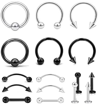 KGDUYC Piercings - 16pcs Aros de piercing,Pendientes Piercing Ceja Tragus Helix Aros Perno 16G Nariz Helix Acero Inoxidable Rook Curvado Bolas Herradura Labio Piercing Joya