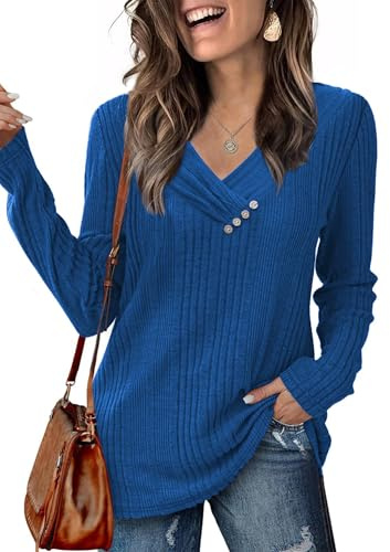 Famulily Pull en tricot pour femme à manches longues avec col en V - Sweatshirt - Tunique - Tops avec boutons ronds - Tailles S-2XL, bleu, L