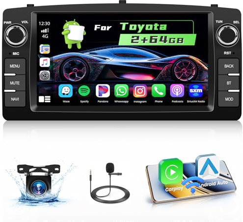 Hikity 2G+64G Autoradio per Toyota Corolla E120 2000-2006 Android 15 Stereo Auto GPS con Wireless Carplay Android Auto Radio FM/RDS WiFi + Retrocamera + MIC - Schermo Tattile da 7 Pollici