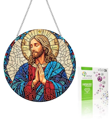VAIIEYO Gesù Diamond Painting Pendente, DIY Diamantini Crystal Art Pendente Religione, Pittura Diamante Acrilico Decorazioni con Catena, for la Decorazione Della Finestre Casa Giardino-20×20cm