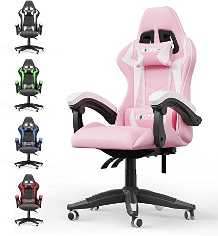 bigzzia Ergonomic Gaming Chair - Gamer Chairs with Lumbar Cushion + Headrest, Height-Adjustable Office & Computer Chair for Adults (without footrest, Pink)