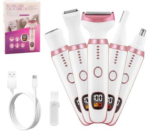 5-in-1 Electric Shaver for Women, Rechargeable Ladies Razor, IPX7 Waterproof Wet Dry Use, Painless Hair Remover for Face Legs Underarm Bikini Nose, Cordless Grooming Kit with LED Display (Pink)