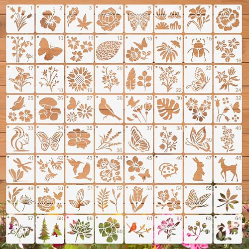 Ferizzia 64 Piezas Plantillas de Naturaleza para Pintar, Flores de Plantas Plantillas, Reutilizables Plantilla de Dibujo Plástico, 7.6 x 7.6 cm, para Scrapbooking, Pintura, Muebles, Pared Deco