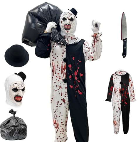 Aicerous Costume Halloween Terrifiant Adulte Enfant, Halloween Terrifier Costume, Deguisement Terrifier, Terrified Costume, avec masque en latex, chapeau, gants, dague et sac plastique
