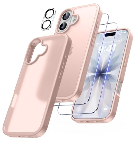 FLLAO 5 en 1 Funda para iPhone 17 con 2 Protector Pantalla y 2 Protector Lente Cámara, [Almohadilla de Aire integrada] Antigolpes Antiarañazos Phone Carcasa 6,3 Pulgadas, Rosa Claro