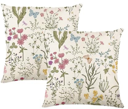 2 fundas de almohada de lino florales decorativas fundas de cojín decorativas sofá cojín patrón de plantas cojines de sofá fundas de cojín patrón floral con mariposas beige cojines exteriores para