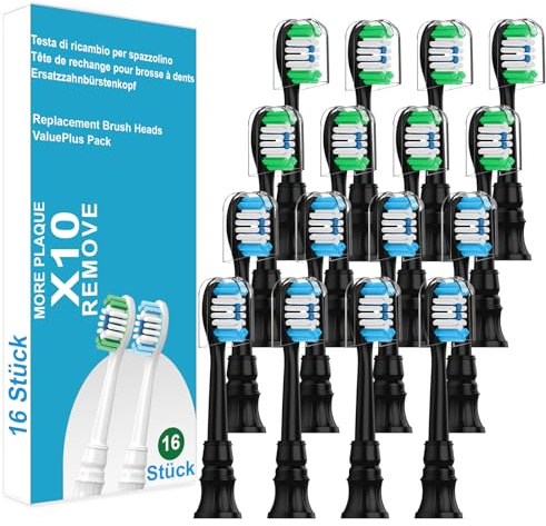 Ersatzbürsten kompatibel mit Philips Sonicare 3100, 4100, 5300, 5500 Schallzahnbürste, Ultimative Pflege Bürstenköpfe für Diamond, Protective Serie, 16 Stück Zahnbürstenaufsatz, Schwarz