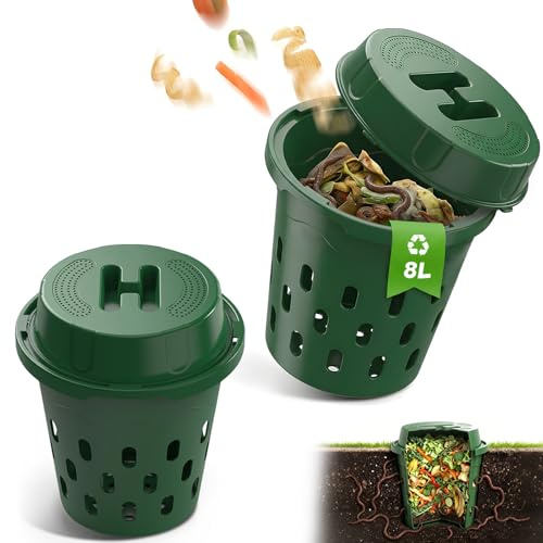 2 Pièces 8L Souterrain Composteur de Jardin Petit avec Couvercle,24x23cm | PVC Lombricomposteur avec Trous de Ventilation,Organique Composteur,pour Jardins,Massifs de Fleurs,Cours