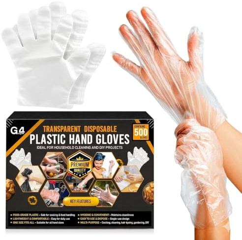 G4GADGET 500Pcs Disposable Plastic Gloves Food Safe Clear Polyethylene Gloves for Cooking Cleaning Food Handling Medical Use Kitchen Catering Powder & Latex Free One Size Fits Most