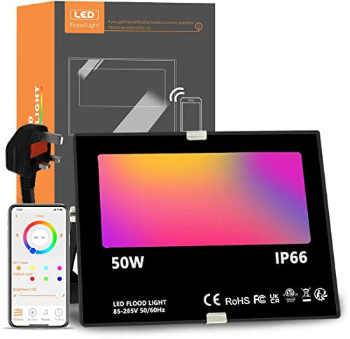 Bhochy LED Floodlight Outdoor 500W Equivalent, Smart RGB Flood Lights with APP, Colour Changing- Timing - Scene - IP66 Waterproof, UK Plug, 1 Pack