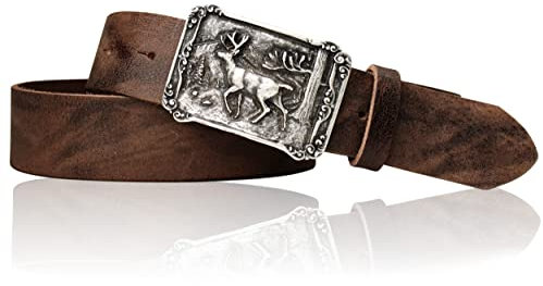 FRONHOFER Trachtengürtel aus echtem Leder 4 cm breit mit silberfarbener Schnalle Hirsch im Wald 7,5x5,5 cm Größen 95-125 Druckknopfsystem wechselbare Schnalle Landhausmode Made in Germany