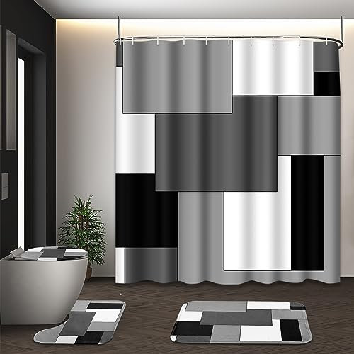 Tayney Juego de Cortina de Ducha geométrica Gris con Tapa de Inodoro y alfombras Antideslizantes para baño, Cortina de Ducha a Cuadros Negros y Blancos, Juego de baño Moderno Abstracto con 12 Ganchos