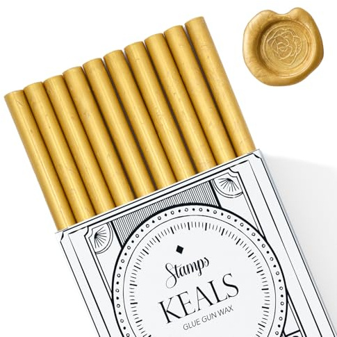 KEALS Pack de 10 Barras de Cera para Sellos de Lacre | Para sellar con Pistola de Pegamento | Cera Vintage para Invitaciones de Boda, Tarjetas, Cartas y Envoltorios | Color Oro