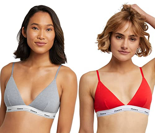 Hanes Damen Originals Triangel-BHS aus Atmungsaktiver Stretch-Baumwolle, 2er-Pack BH, Undurchsichtige, Shelton Red/Concrete Heather, Large