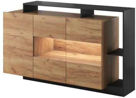 Vente-unique-Aparador de 3 Puertas y 3 estantes - con Leds - Color: Natural y Antracita - IDESIA