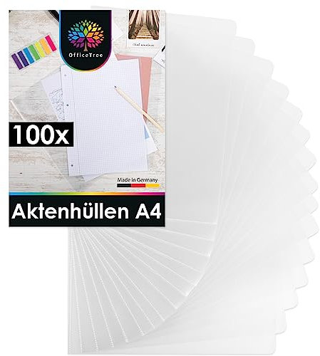 OfficeTree 100x Transparente Aktenhüllen A4 Seitlich Offen - Dokumentenecht & Genarbt - Klarsichthüllen A4 Seitlich Offen - Sichthüllen Glasklar - Aktenhülle A4