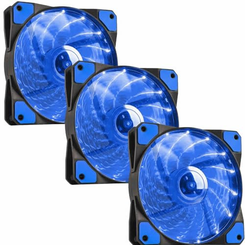 JUSTOP 3 pcs Pack 120MM Red LED PC Case Fans, Low Noise High Airflow Cooling Fan, With 3-Pin Or 4-Pin Molex Connectors (Blue LED)