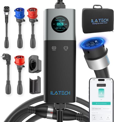 iLa Tech Mobile Wallbox WiFi mit APP, Aufladen bis zu 22kW, EV Ladegerät Typ 2, 5M Kabel, Touchscreen Display, Einstellbare Stromgröße mit Schuko 16A/CEE 32A Rot/CEE 16A Rot/CEE 32A Blau/Typ 2 Socket