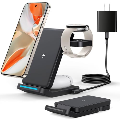 Foldable Wireless Charger for Google Pixel Watch 3/2, 3 in 1 Fast Charging Station Stand for Pixel 10 Pro XL/10 Pro/9/8/7 Pro/8a/8/7/6 Pro and Buds (Not for Pixel Watch 4/1) with QC Adapter