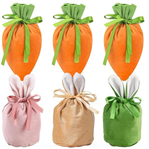6 PCS Easter Bags Easter Gift Bags, Easter Basket Easter Gifts Easter Velvet Gift Carrot Sweet Bag, Easter Carrot Bags with Drawstring for Candy Chocolate Biscuit Egg Hunt Easter Party Decorations