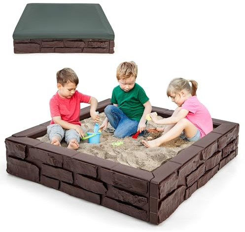 GLACER Sandbox with Cover, 47x 47 HDPE Sand Box w/Oxford Cover, Bottom Drainage Oxford Liner, All Weather Resistant Sand Pit in Backyard Lawn Garden Beach for Kids (Brown)