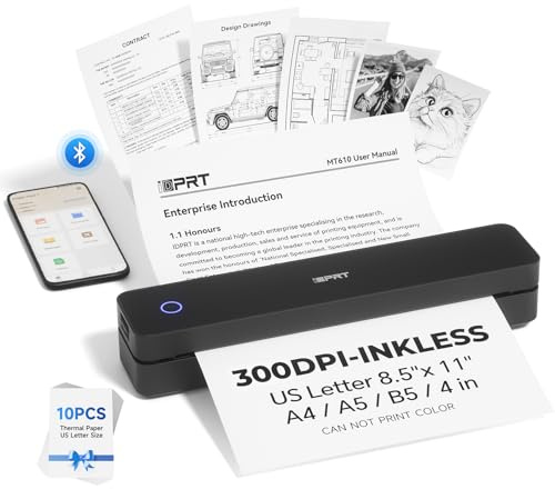 iDPRT Portable Printer Wireless for Travel - Bluetooth Mobile Printer Support for 8.5x11 US Letter, Inkless Compatible with iOS, Android, Laptop for Office, Car and Home (300DPI, Black)
