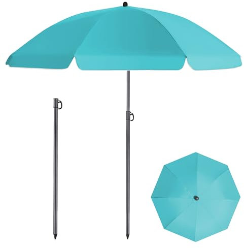 HOMEDEMO Sonnenschirm Strandschirm, Ø 140 cm Gartenschirm Marktschirm, Terrassenschirm mit Bodenhülse & Drehstange & Schutzhülle, Türkis rund Sonnenschutzschirm UV50+ Schutz