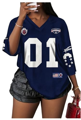 RoseSeek Women's Number Graphic Mesh Jersey Shirts V Neck Half Sleeve Sports Tee Tops Oversized Tshirts Streetwear Deep Blue Medium