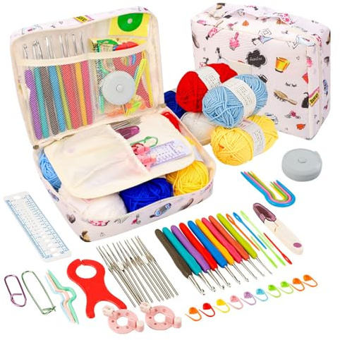 LCUHAVA Set Uncinetto di 54 Pezzi kit Uncinetto Principianti Portatile Crochet kit Inclusi 9 ami ad ago con gambo morbido da 2,0-10 mm, Borse e Accessori per Uncinetti Borsa Bianca per Uncinetti