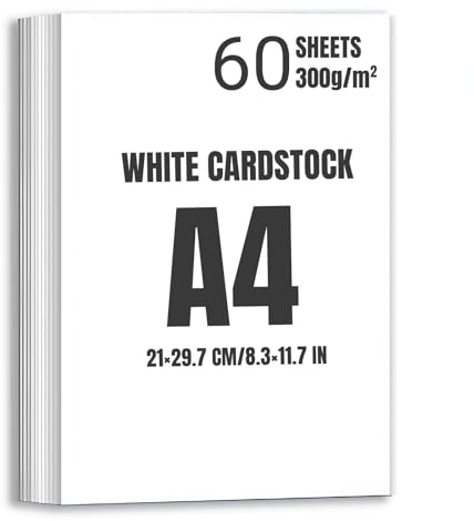 Bastelkarton 300g/m², Weiß Cardstock, Tonkarton Pappe, 60 Blatt A4 Kartonpapier Dickes Papier für Drucker Papier Fotokarton Schweres Pappe für Basteln, Präsentationen, Grußkarten