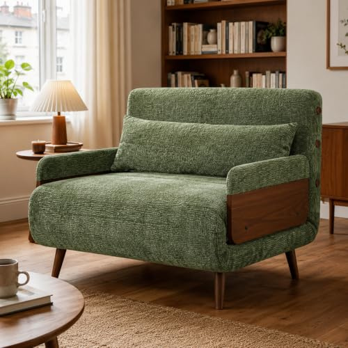 Hearthform Convertible Armchair & Sofa Chair, Green Velvet Single Sofa Bed, Modern Mid-Century Design, 3-in-1 Reclining Chaise Lounge, Sleeper Bed with Wooden Frame