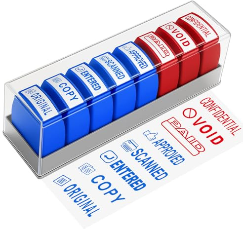 8 Pcs Office Stamps for Business, Paid Void Confidential Approved Original Copy Scanned Entered Self Inking Red & Blue Rubber Stamps with Storage Tray, Account Finance Staff Supplies