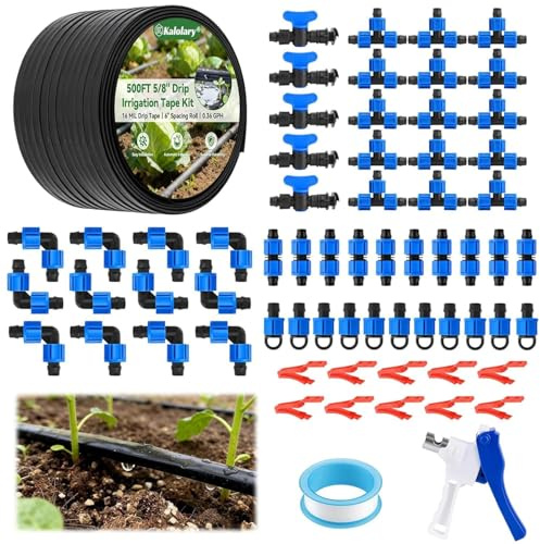 500FT 5/8 Inch Drip Tape Irrigation Kit, Kalolary 16 Mil Reinforced PE Flat Drips Tubing 6 Spacing Roll Landscape Garden Hose with Drip Tape Fittings & Hole Puncher Automatic Garden Irrigation System